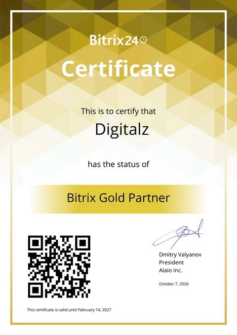 Bitrix24 Gold Partner certificate: Bitrix24 certifies that Digitalz has the status of Bitrix Gold Partner, valid until 14 February 2027