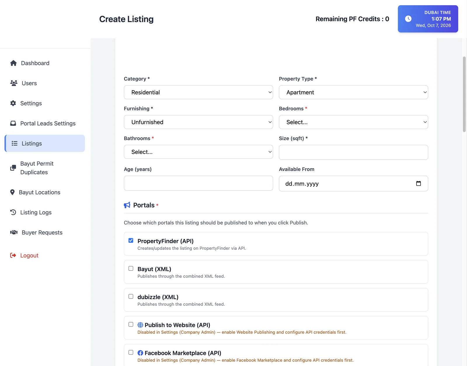 Listing Hub create listing form with portal selection: Property Finder via API, Bayut and Dubizzle via XML feed, website and Facebook Marketplace