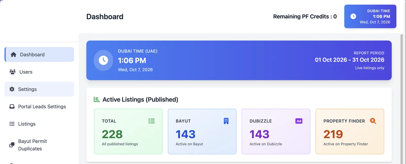 Listing Hub dashboard: live listings per portal, 228 total, 143 on Bayut, 143 on Dubizzle, 219 on Property Finder